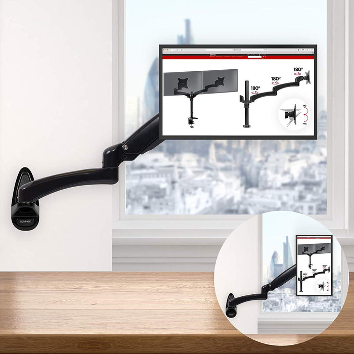 Duronic Monitor Arm Wall Mount DM55W1X2 | Bracket for Single PC Computer Screen | Aluminium | For One 15”-27” LED LCD TV Television | VESA 75/100 Fixing | Tilt +85°/-90°, Swivel 180°, Rotate 360°