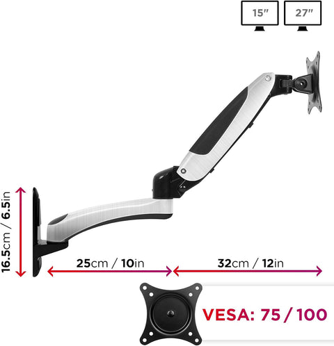 Duronic Monitor Arm Wall Mount DM65W1X2 | Bracket for Single PC Computer Screen | Aluminium | For One 15”-27” LED LCD TV Television | VESA 75/100 Fixing | Tilt +85°/-90°, Swivel 180°, Rotate 360°