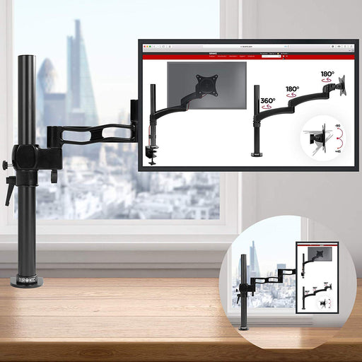 Duronic Single Monitor Arm Stand DM351X3 BK | PC Desk Mount | BLACK | Aluminium | Height Adjustable | For One 13-27 LED LCD Screen | VESA 75/100 | 8kg Capacity | Tilt +15°/-15°,Swivel 180°,Rotate 360°