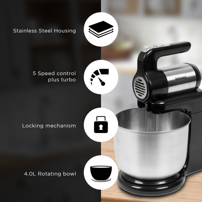Duronic Stand Mixer SM3 with Detachable Hand Mixer: Lightweight, 300W motor, 5 Speeds, 4L Capacity, Stainless Steel Bowl and Tools