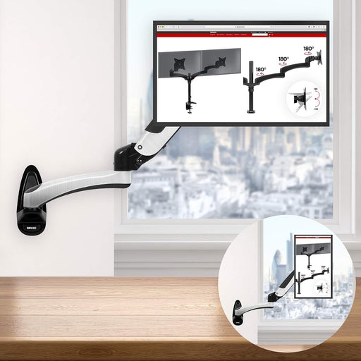 Duronic Monitor Arm Wall Mount DM65W1X2 | Bracket for Single PC Computer Screen | Aluminium | For One 15”-27” LED LCD TV Television | VESA 75/100 Fixing | Tilt +85°/-90°, Swivel 180°, Rotate 360°