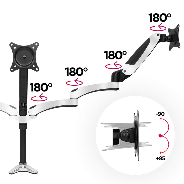 Duronic Monitor Arm Stand DM651X1 | Single Gas-Powered PC Desk Mount | BLACK | Height Adjustable | For One 13-27 LED LCD Screen | VESA 75/100 | 8kg Capacity | Tilt -90°/+85°,Swivel 180°,Rotate 360°