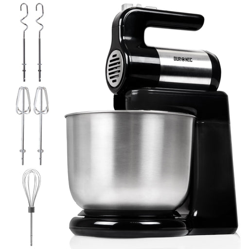 Duronic Stand Mixer SM3 with Detachable Hand Mixer: Lightweight, 300W motor, 5 Speeds, 4L Capacity, Stainless Steel Bowl and Tools
