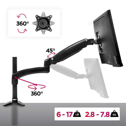 Duronic Monitor Arm Stand DM551X2 | Single PC Desk Mount | BLACK | Aluminium | Height Adjustable | For One 15-27 LED LCD Screen | VESA 75/100 | 7.8kg Capacity | Tilt -90°/+85°,Swivel 180°,Rotate 360°