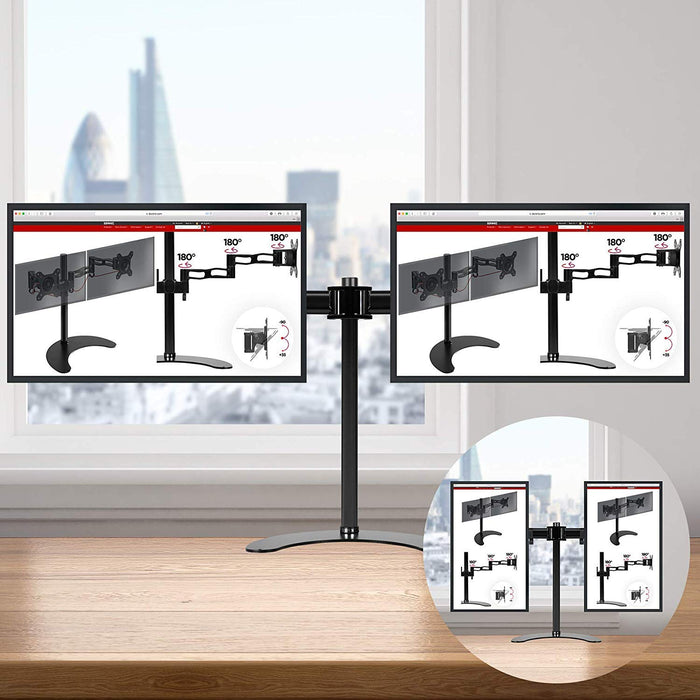 Duronic Dual Monitor Arm Stand Desk Mount DM25D2, For Two 13-27 Inch LED LCD PC Computer or TV Screens, Freestanding Double Bracket, Tilt Swivel Rotate - Black