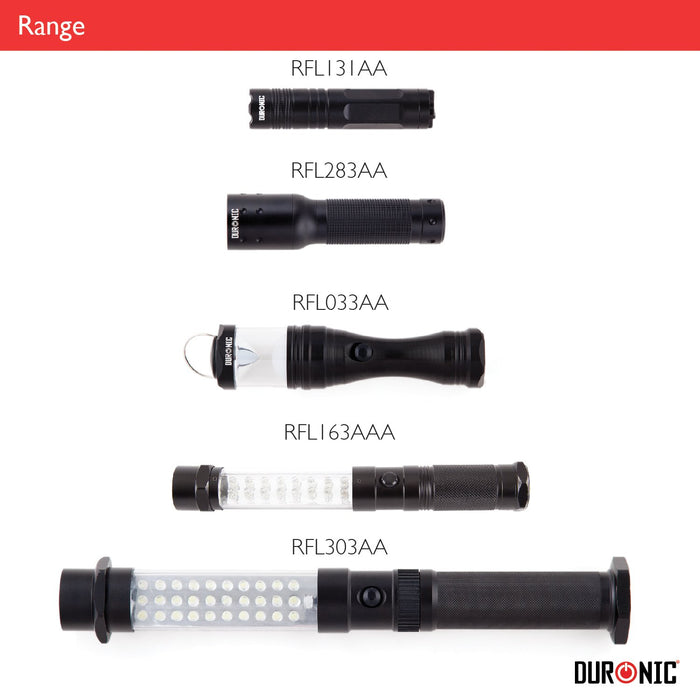 Duronic LED Torch Flashlight Super Bright RFL131AA Compact Charger Cable with UK EU & US Plug Adapters [Energy Class A]