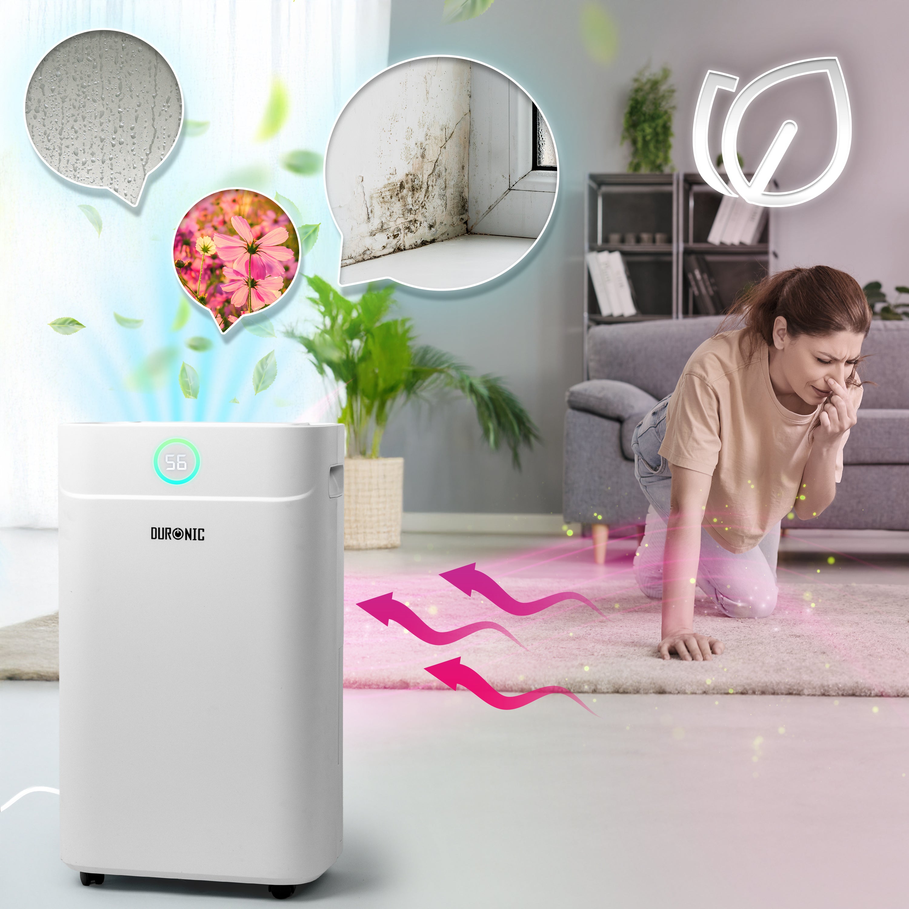 Duronic DH201 Dehumidifier 20L Air Dehumidifier for Dust Allergies Asthma & Damp Mould 440W Quiet Home Dehumidifiers with 5.1L Tank, Child Lock, Timer & Clothes Drying for Utility Bedrooms & Offices