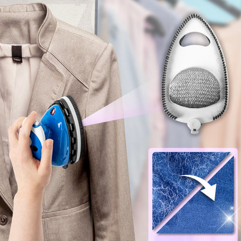 Duronic Travel Iron Handheld blue garment steamer with a detachable brush head being used to remove lint and wrinkles from a tan blazer.