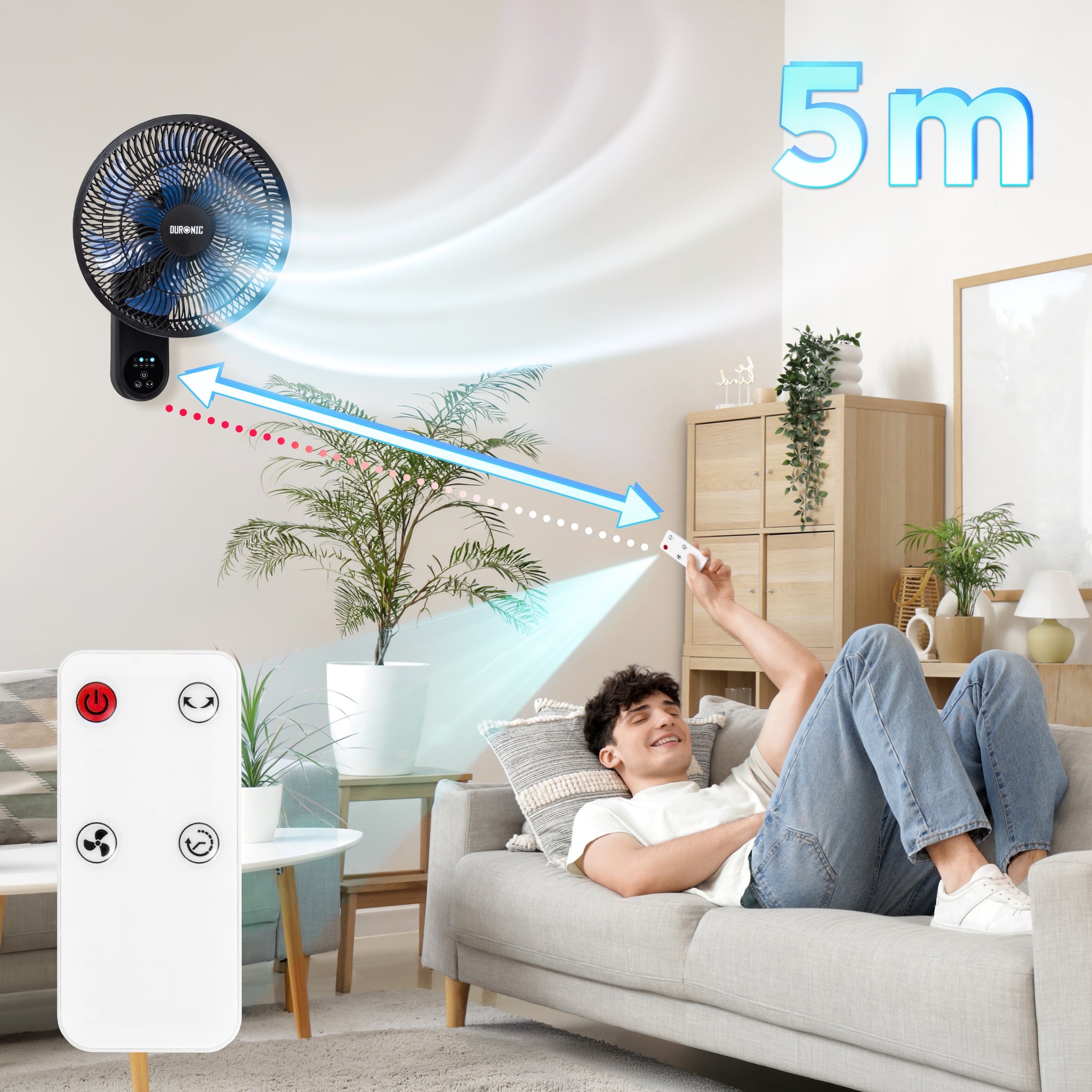 Duronic FN12 BK Wall Mounted Fan with Remote Control 50.4dB Quiet 12” Cooling Fan with 3 Speed Settings, 60° Oscillation, 7.5H Timer for Home, Office, Bedroom & Kitchen Black