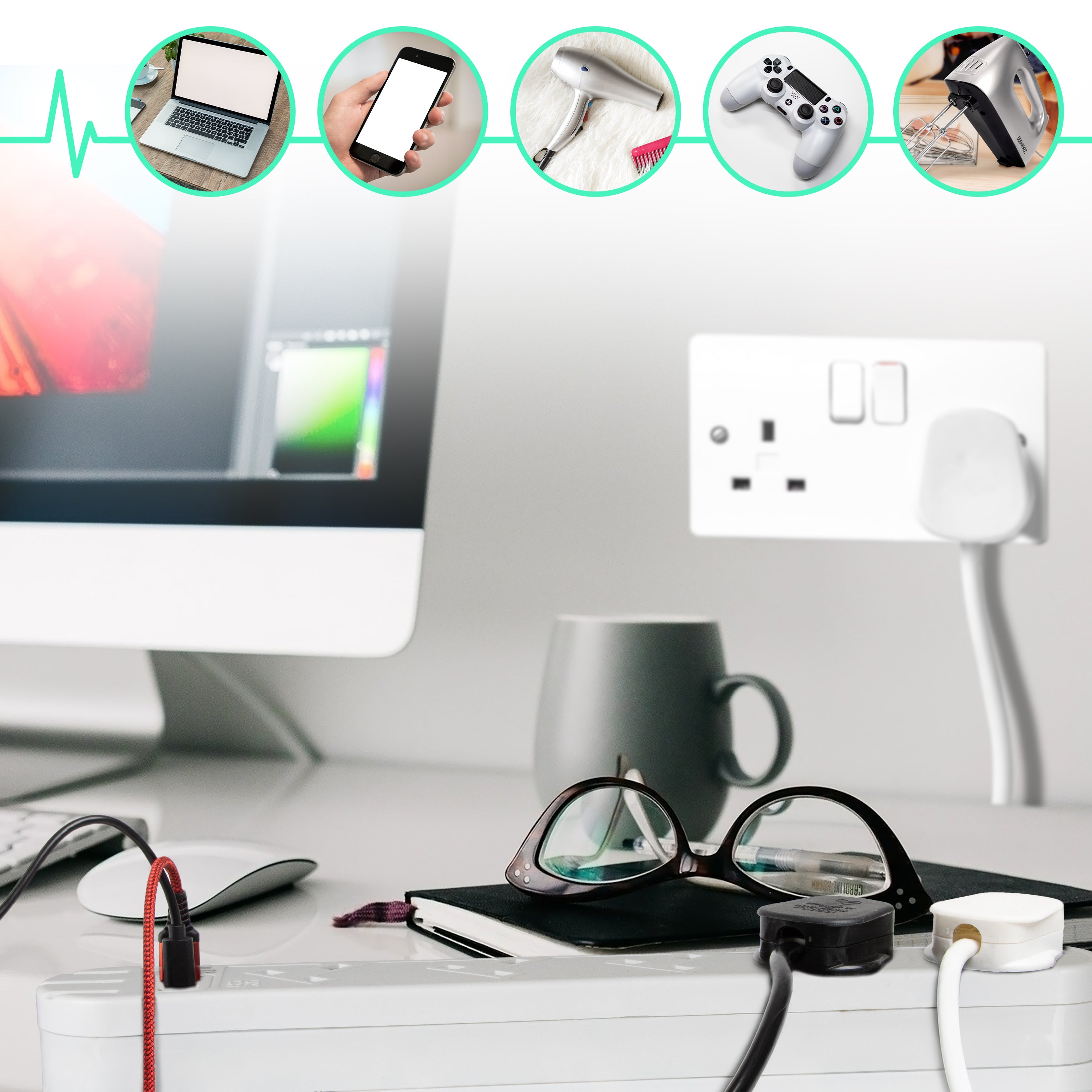 Duronic Tower Extension Lead ST10W 10 Gang Surge Protected Extension leads with USB & USB-C Slot White 10 Way Electric Power Strip with Spike Protection Multi UK Plug Outlet Socket with 2m Cable