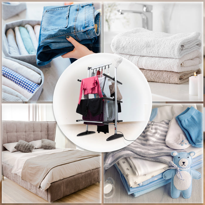 Duronic CA30 BK Electric Clothes Airer 3 Tier Heated Indoor Laundry Drying Rack with Washing Pegs 300W Foldable Sock Hanger Lightweight Garment Dryer Stand for Hats Gloves Small Spaces Home