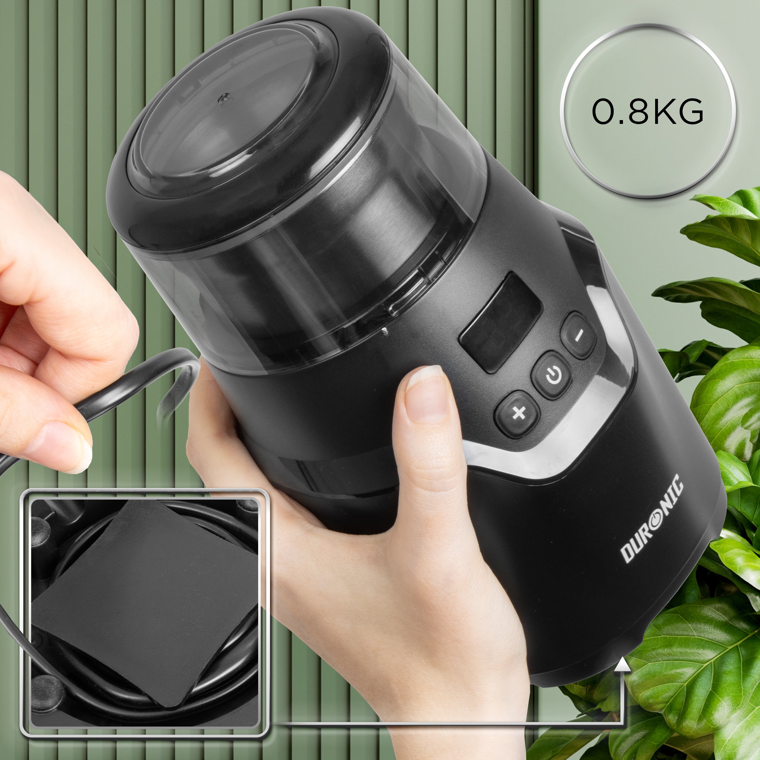(INCLUDES 2 CUPS) Duronic CG555 Electric Coffee Grinder, 220ml Wet & Dry Cups, Black, Spice Mill & Blade Grinder, Dual/Quad-Blade Cups, Adjustable Timer, Push-Button Controls, Leak-Proof Lid, 150W