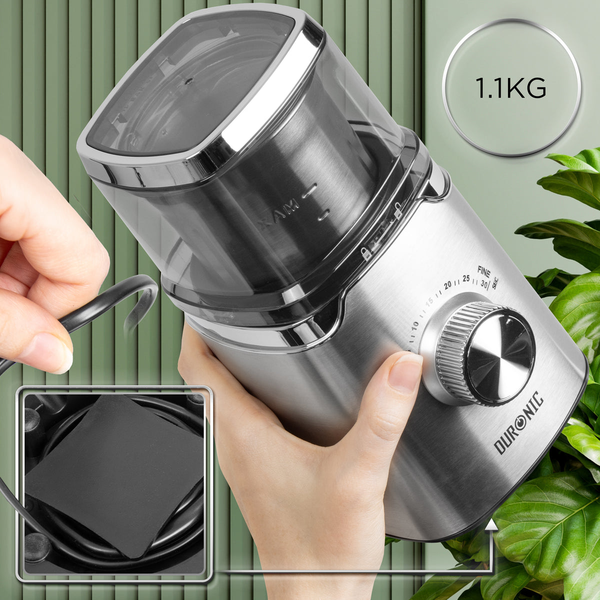 (INCLUDES 2 CUPS) Duronic CG655 Electric Coffee Grinder with Wet & Dry Cups, 220ml, Silver, Metal Spice Mill, Adjustable Coarseness, Push Pulse, Silicone Seal, for Coffee Beans, Spices, Nuts, flaxseeds, 150W