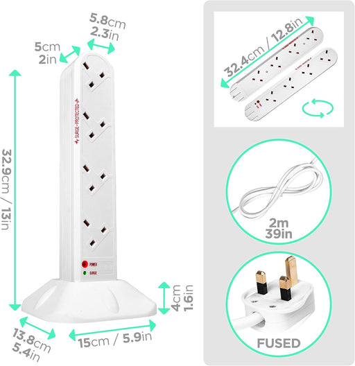 Duronic Extension Lead Tower ST8W Power Strip Cord Adaptor 8 Gang Way | Surge & Spike Protector| Electric UK Multi Plug Socket Adapter | 1.8 Metre Power Cable - White