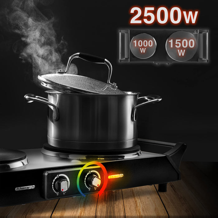 Duronic Hot Plate HP2 BK, Table-Top Cooking, 2500W Black Steel Electric Double Hob with Handles, 2 Cast Iron Portable Hob Rings (1500W & 1000W) for Warming, Cooking Boiling Fryer