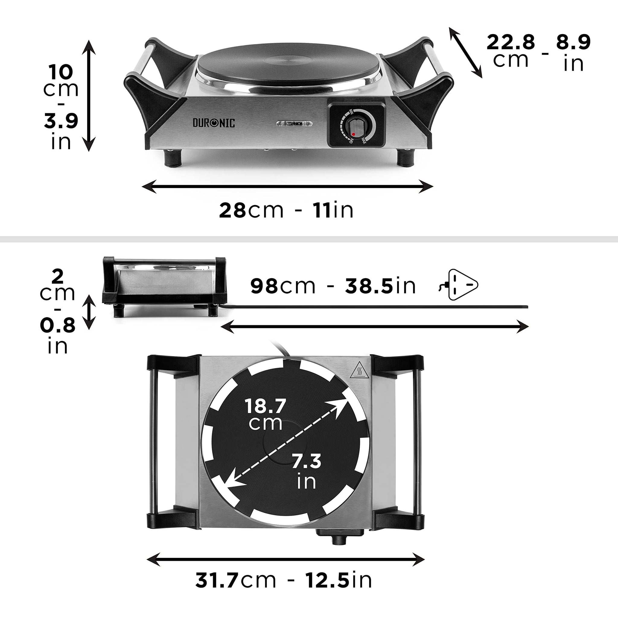 Duronic Hot Plate HP1 SS, Stainless Steel Table Top Cooking, 1500W Black Steel Electric Single Hob with Handles, Cast Iron Portable Hob Burner Rings for Home Kitchen, Pots, Camping