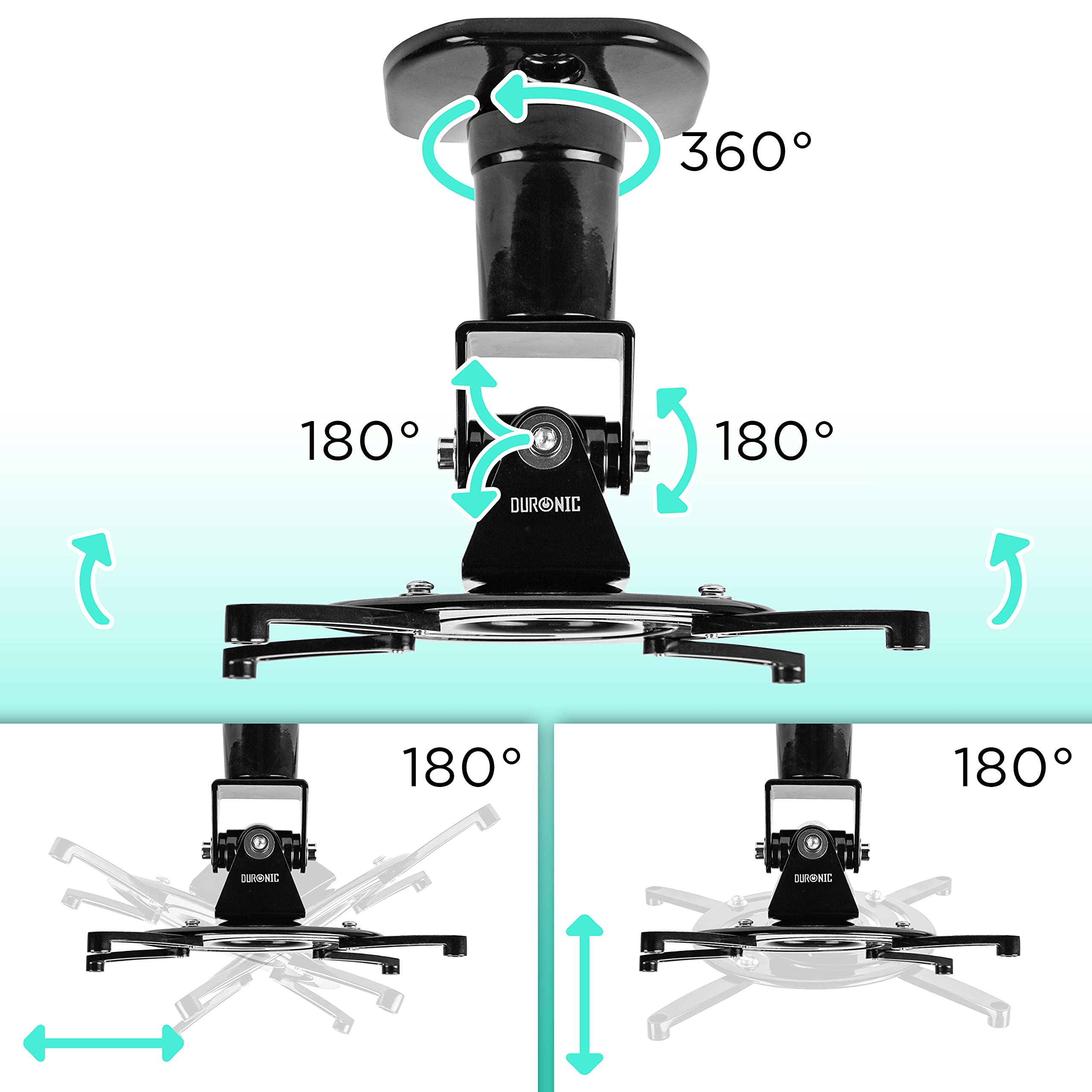 Duronic Projector Mount PB03XB | Bracket Fixing for Ceiling | 13.6kg Capacity | Universal | Heavy Duty | Fittings Included | Rotate 306 °, Swivel 40 °, Tilt 60° for Easy Projection Set-Up