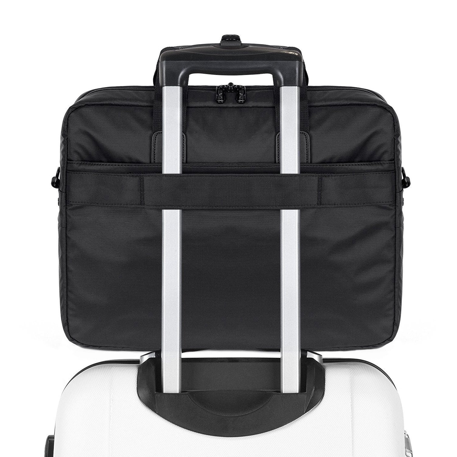Duronic Laptop Messenger Bag with a luggage strap secured onto the telescoping handle of a suitcase.