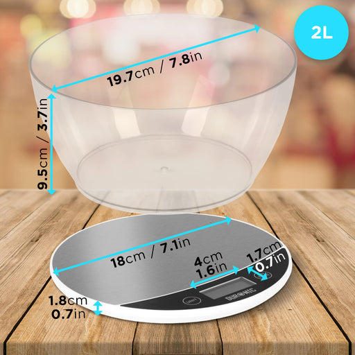 Duronic Digital Kitchen Scales KS3000 | White/Silver Design with 1.5L Bowl | 5kg Capacity | Clear LCD Display | Add & Weigh Tare | 1g Precision | Measure Ingredients for Cooking & Baking