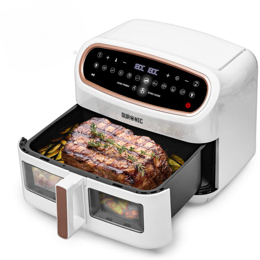 Duronic XXL Digital Air Fryer AF14 WG 10L Family Size Air Fryers Double Drawer 10in1 Dual Zone Extra Large AirFryer with window for Cooking with Dishwasher Safe Non-Stick Basket White Gold
