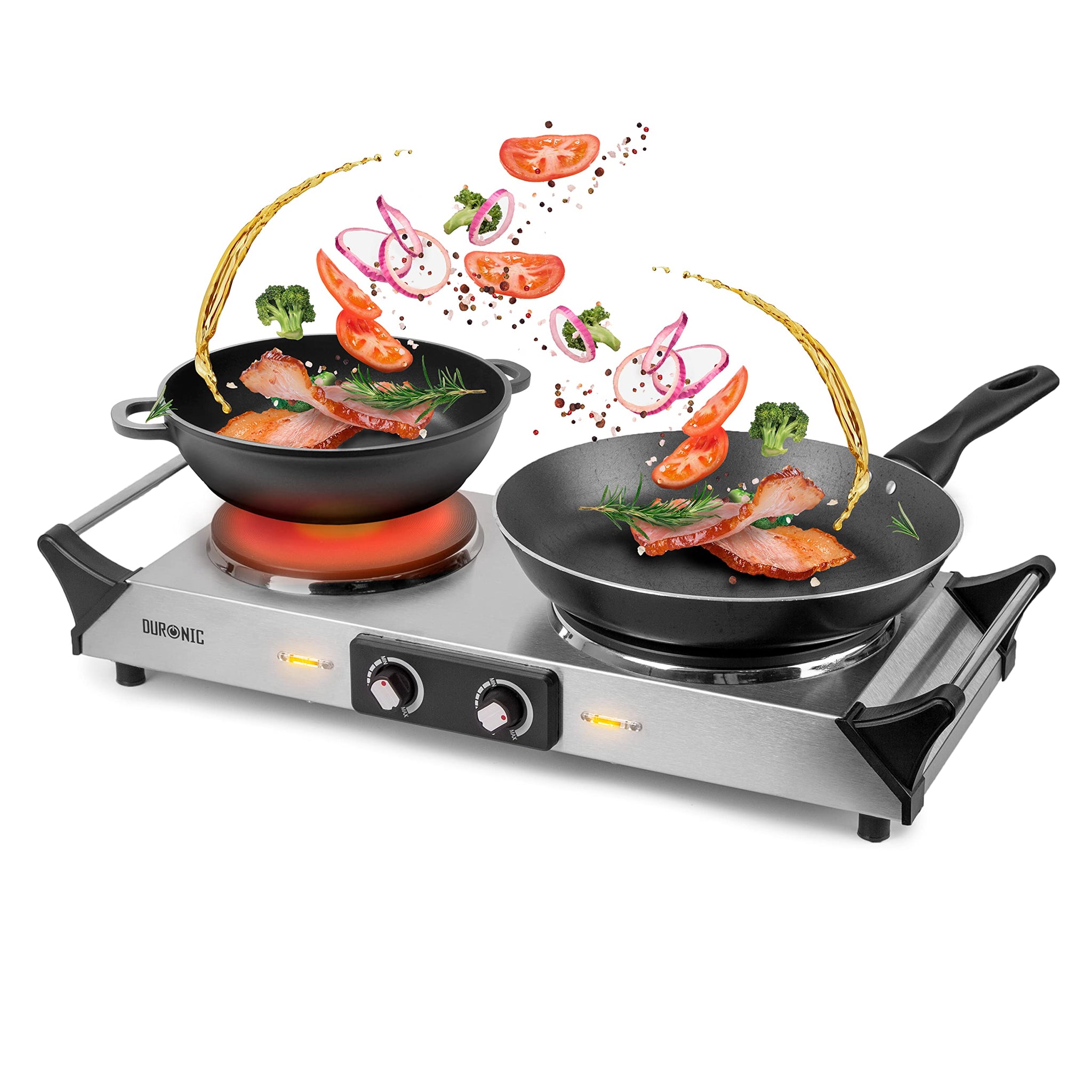 Duronic Hot Plate HP2 SS, Stainless Steel Table Top Cooking, 2500W Black Steel Electric Double Hob with Handles, 2 Cast Iron Portable Hob Burner Rings (1500W & 1000W) for Home Kitchen, Pots, Camping - Silver