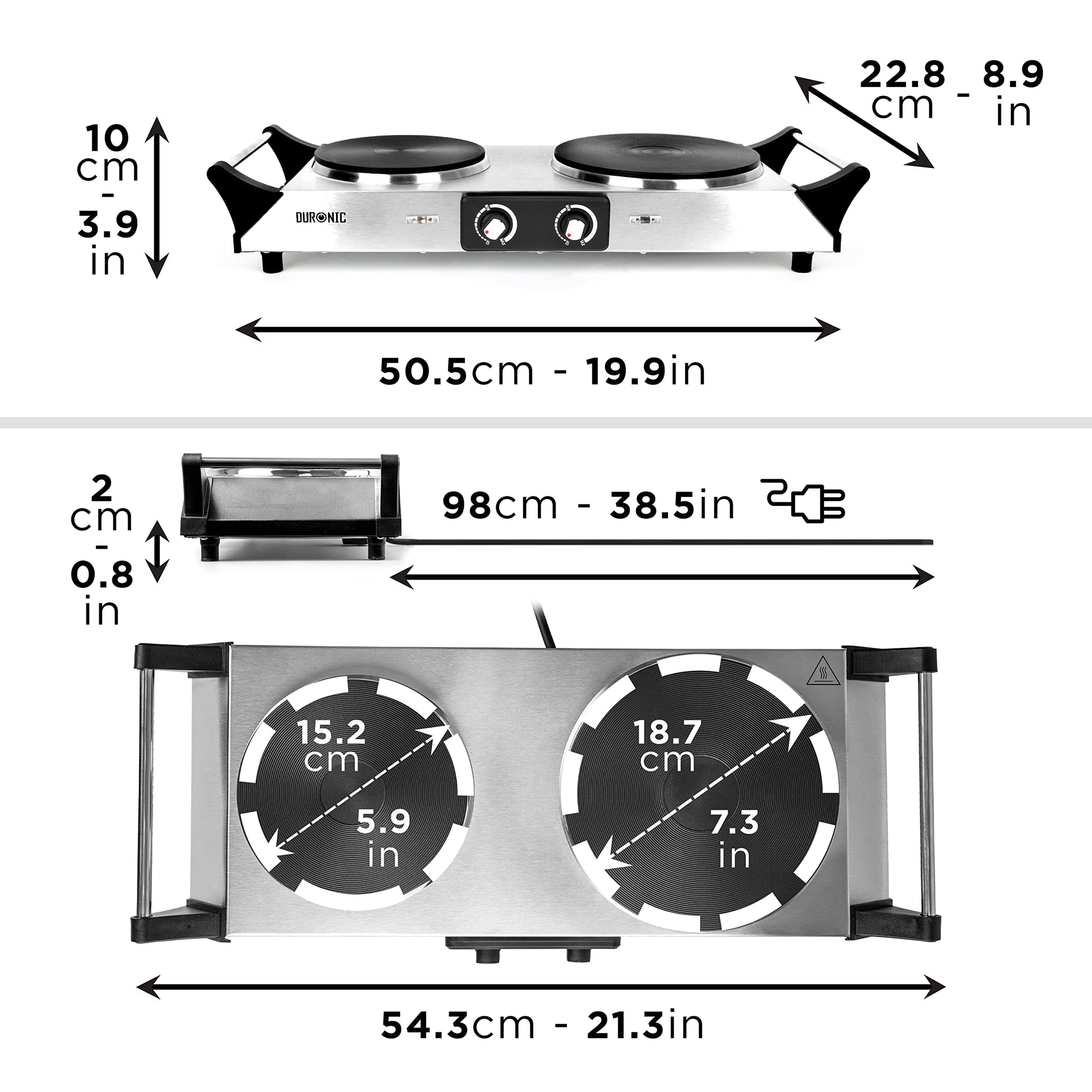 Duronic Hot Plate HP2 SS, Stainless Steel Table Top Cooking, 2500W Black Steel Electric Double Hob with Handles, 2 Cast Iron Portable Hob Burner Rings (1500W & 1000W) for Home Kitchen, Pots, Camping - Silver