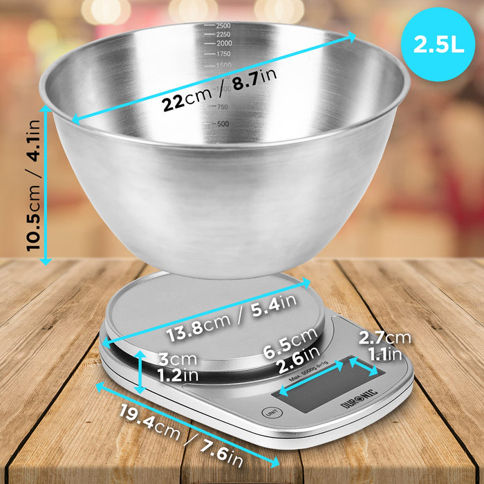 Duronic Digital Kitchen Scales KS5000 SR/SS - Large Display Electronic Scale with 5kg Capacity, 1g Precision, and 2.5L Bowl - Ideal for Wet and Dry Food, Baking, Pet Food - Multi-Use: Postal Letters