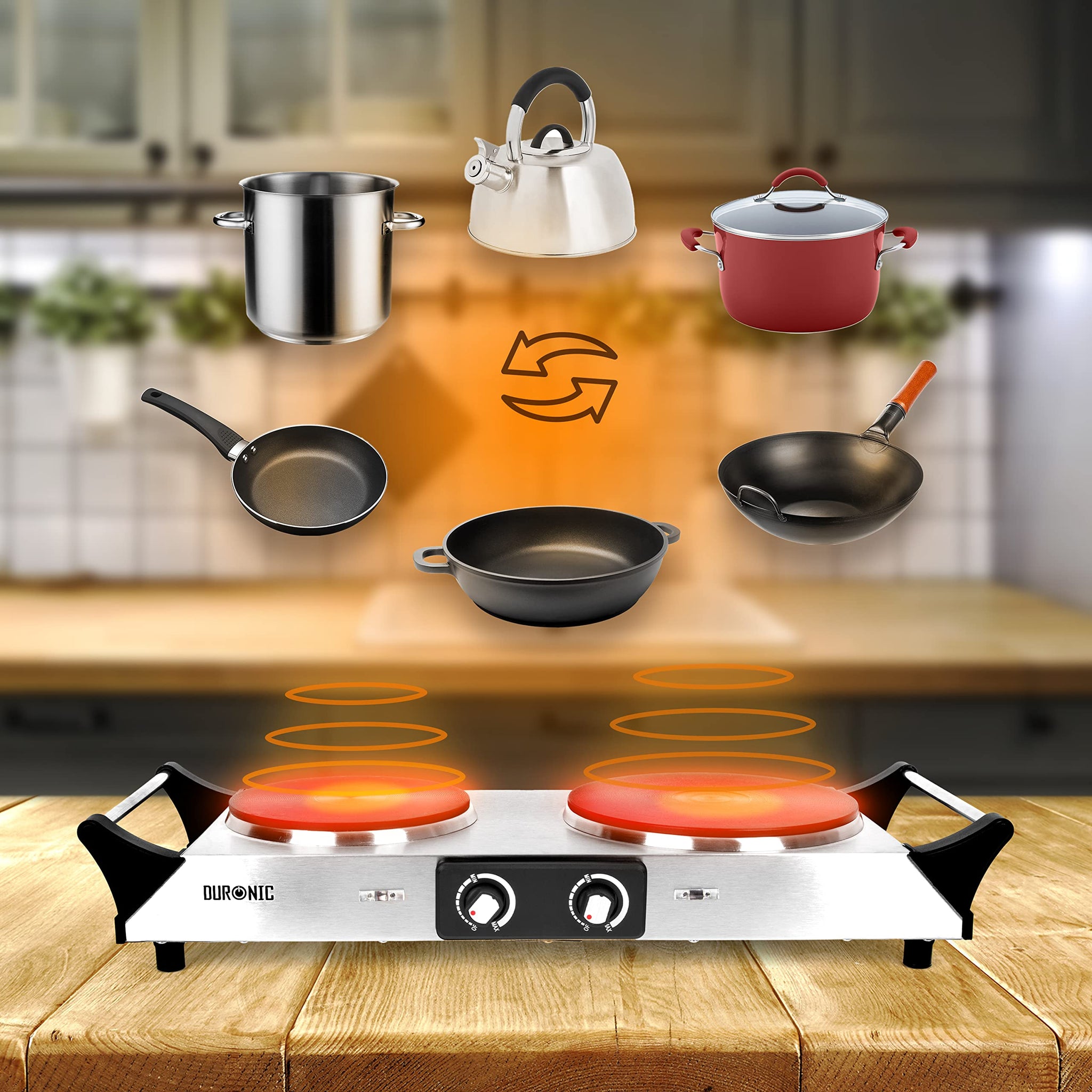 Duronic Hot Plate HP2 SS, Stainless Steel Table Top Cooking, 2500W Black Steel Electric Double Hob with Handles, 2 Cast Iron Portable Hob Burner Rings (1500W & 1000W) for Home Kitchen, Pots, Camping - Silver