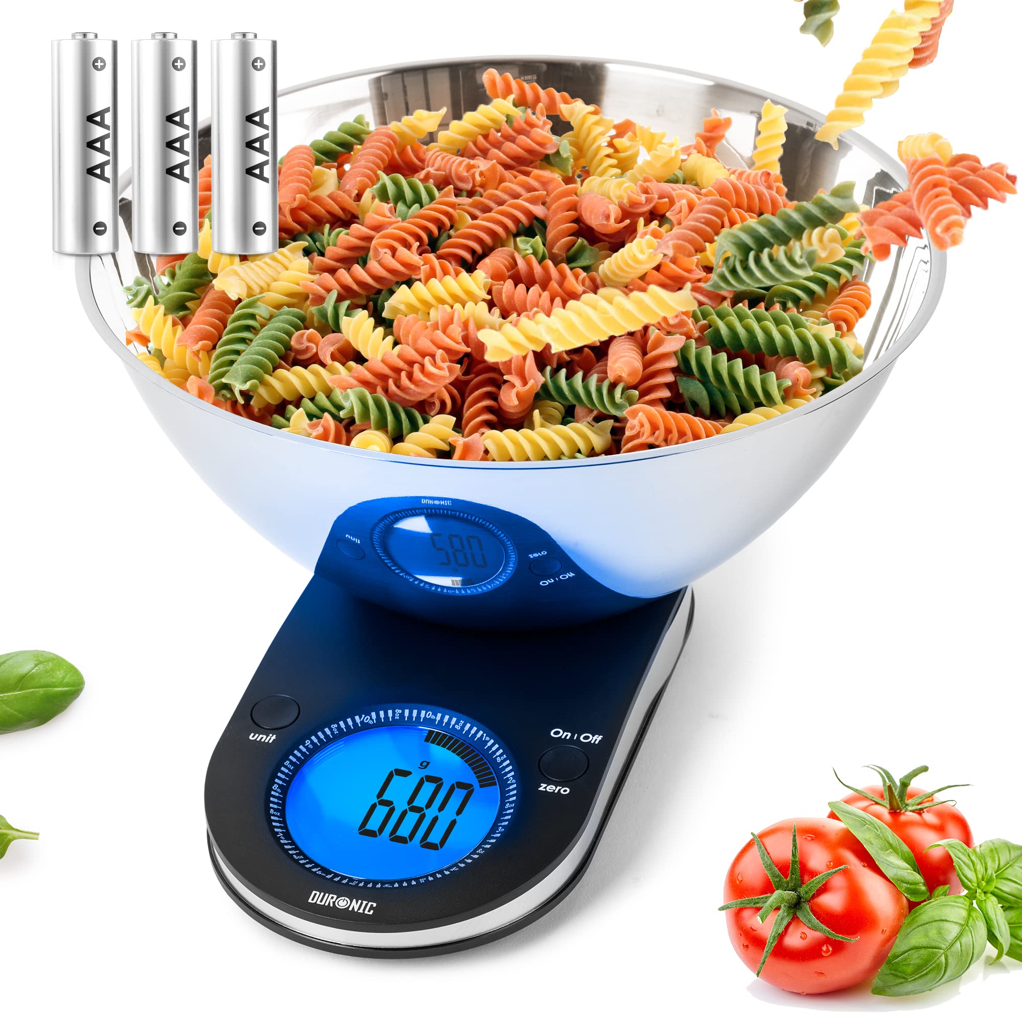 Duronic Digital Kitchen Scale KS5000 Kitchen Scales with Bowl, Weighing Scale, Baking Scale for Cooking, Baking, Pet Food, Postal, Food Scale, Weight Scale, Electronic Scale with Backlit LCD Display