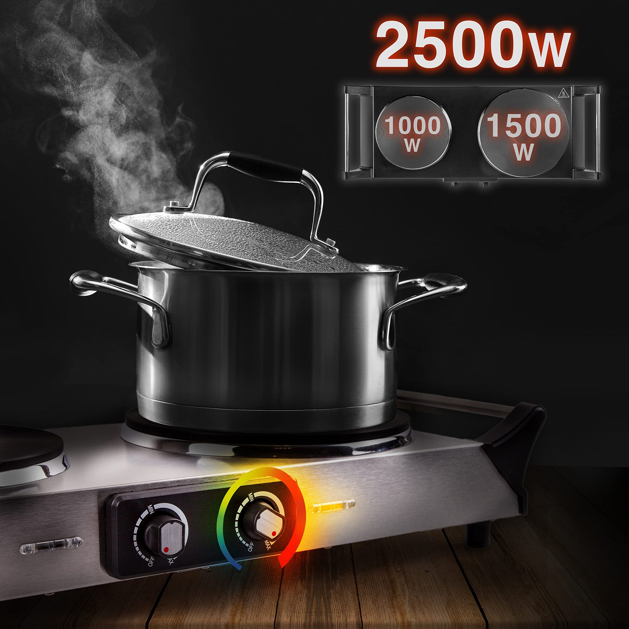 Duronic Hot Plate HP2 SS, Stainless Steel Table Top Cooking, 2500W Black Steel Electric Double Hob with Handles, 2 Cast Iron Portable Hob Burner Rings (1500W & 1000W) for Home Kitchen, Pots, Camping - Silver