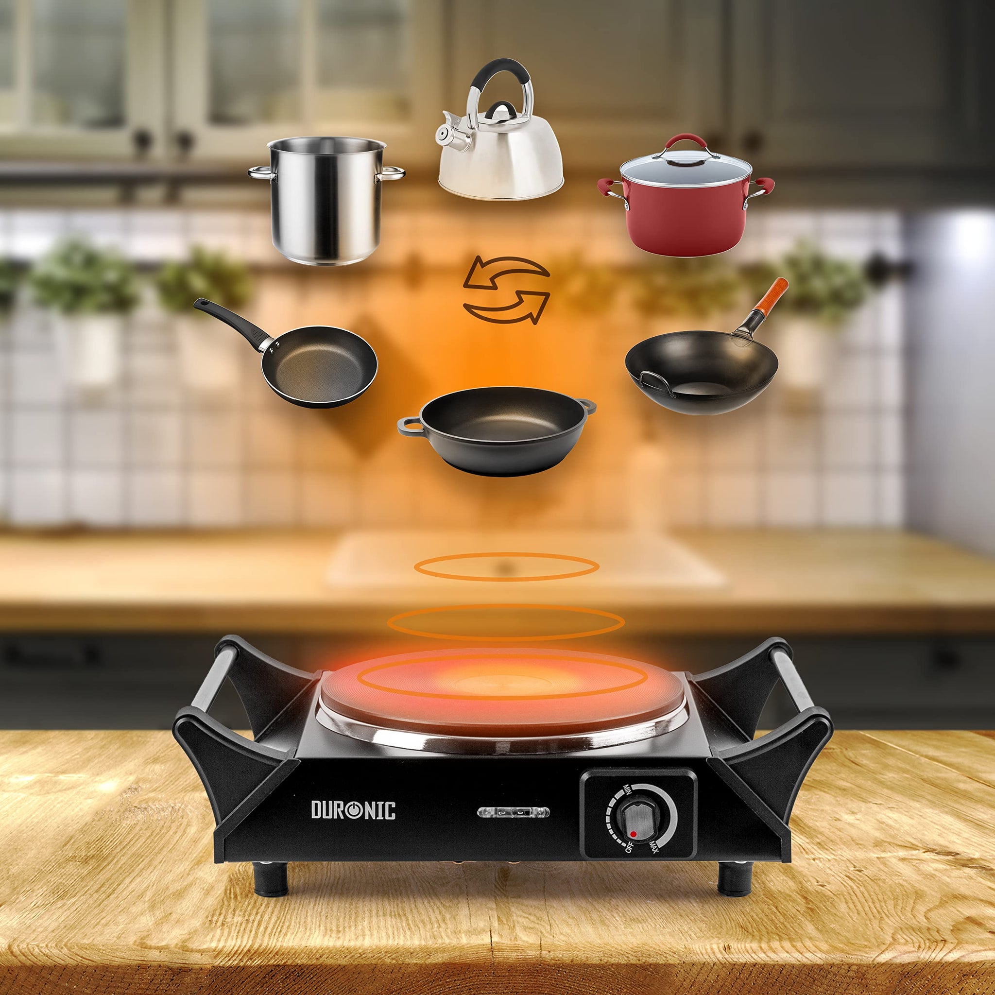 Duronic Hot Plate HP1 BK Table Top Cooking, 1500W Black Steel Electric Single Hob with Handles, Cast Iron Portable Hob Burner Rings for Home Kitchen, Pots, Camping - Black