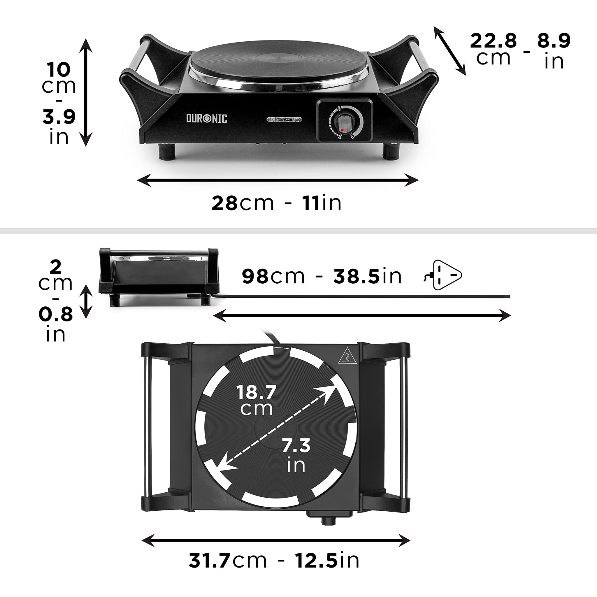 Duronic Hot Plate HP1 BK Table Top Cooking, 1500W Black Steel Electric Single Hob with Handles, Cast Iron Portable Hob Burner Rings for Home Kitchen, Pots, Camping - Black