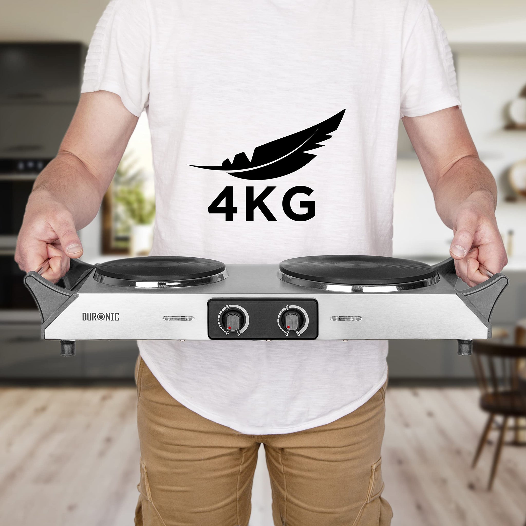 Duronic Hot Plate HP2 SS, Stainless Steel Table Top Cooking, 2500W Black Steel Electric Double Hob with Handles, 2 Cast Iron Portable Hob Burner Rings (1500W & 1000W) for Home Kitchen, Pots, Camping - Silver