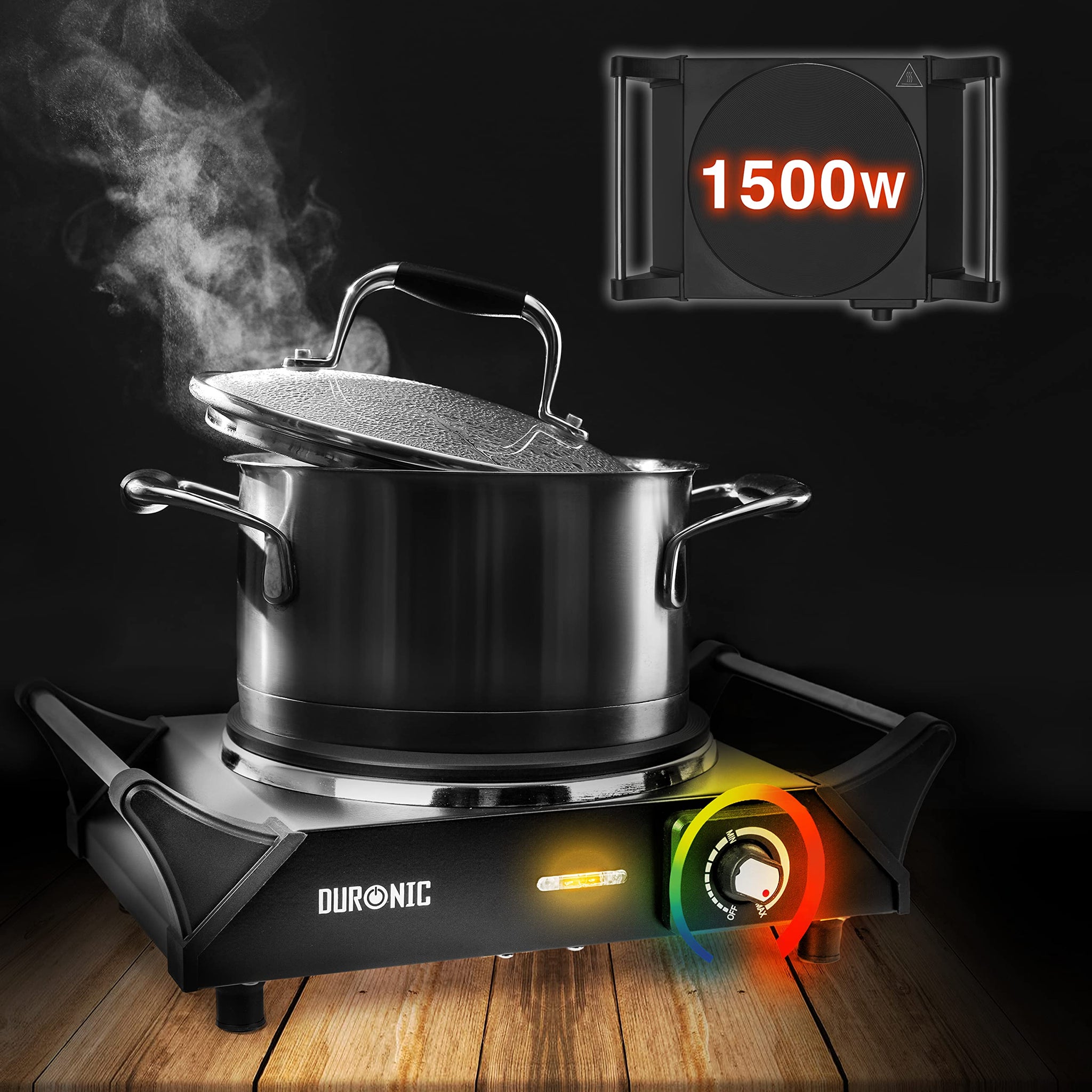 Duronic Hot Plate HP1 BK Table Top Cooking, 1500W Black Steel Electric Single Hob with Handles, Cast Iron Portable Hob Burner Rings for Home Kitchen, Pots, Camping - Black