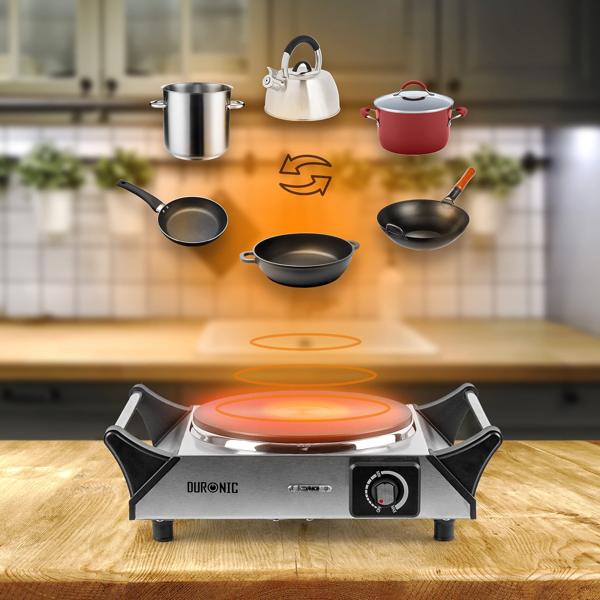 Duronic Hot Plate HP1 SS, Stainless Steel Table Top Cooking, 1500W Black Steel Electric Single Hob with Handles, Cast Iron Portable Hob Burner Rings for Home Kitchen, Pots, Camping