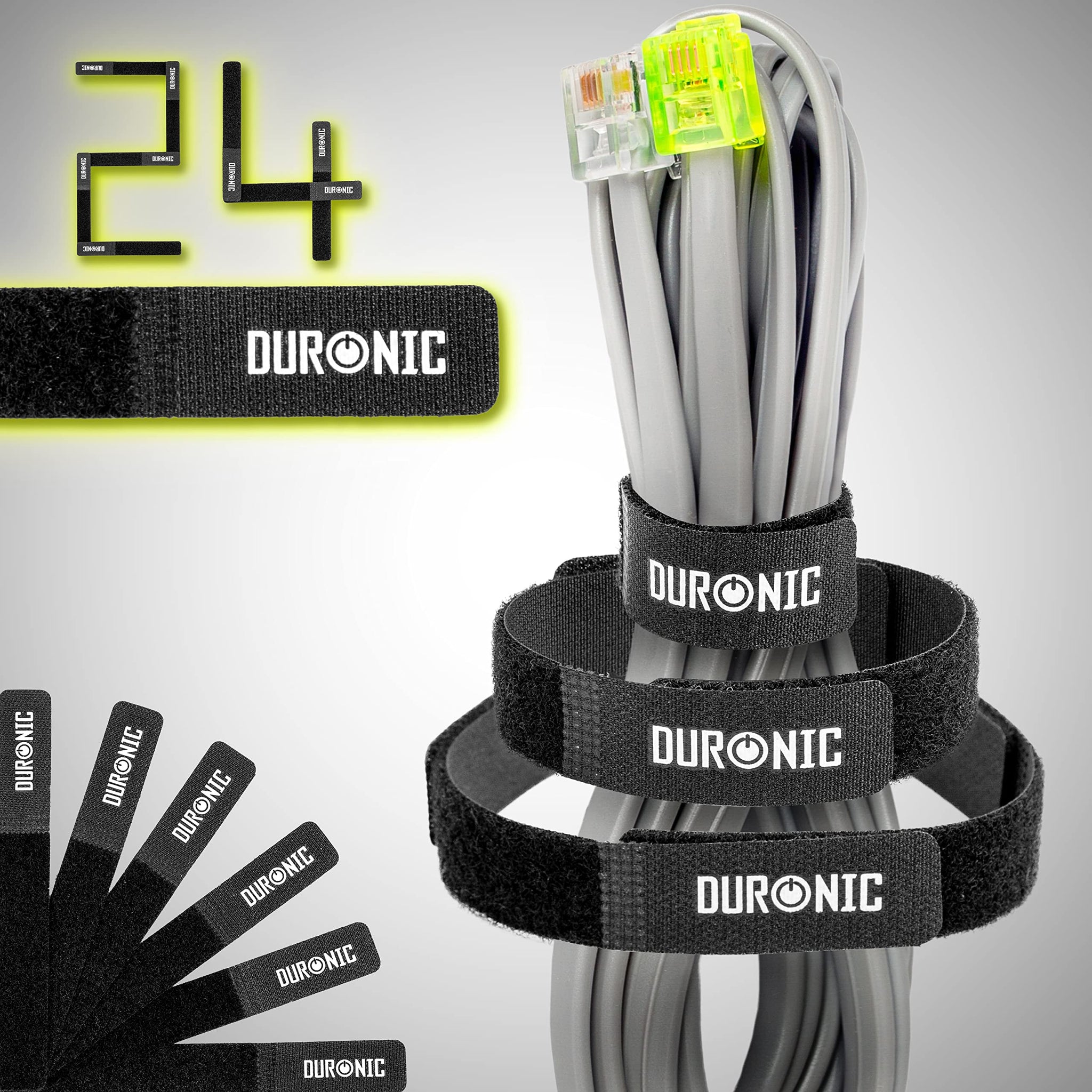 Duronic Cable Ties 24STRAP Reusable Hook and Loop Cable Fastening Straps 24 Pack Black Nylon Wire Management Ties Adjustable Cord Organiser for Tidy Desk, Work, HDMI, TV, USB-C Chargers