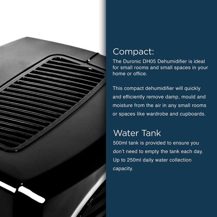 Duronic Compact Dehumidifier DH05 500ML Portable Eco-Efficient Prevent and Absorb Damp, Mould, Moisture Absorber for Home, Kitchen, Garage, Bedroom Black