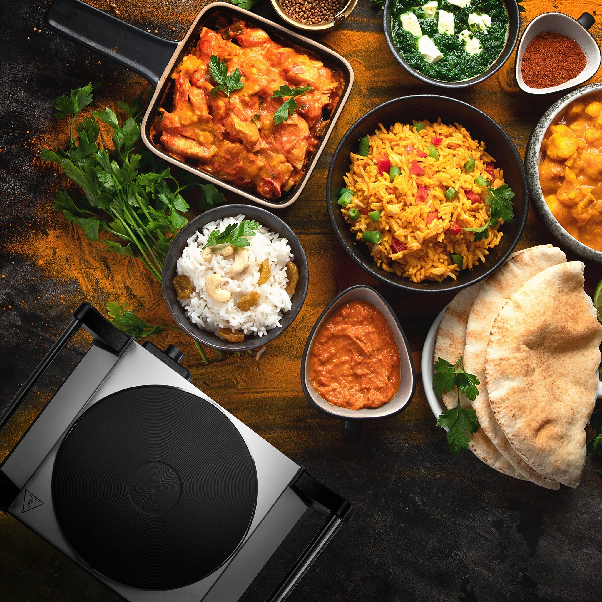 Duronic Hot Plate HP1 SS, Stainless Steel Table Top Cooking, 1500W Black Steel Electric Single Hob with Handles, Cast Iron Portable Hob Burner Rings for Home Kitchen, Pots, Camping