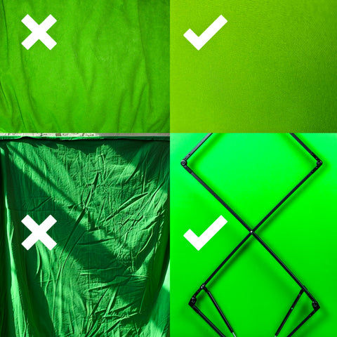 A four-panel comparison shows that smooth, wrinkle-free green screen fabrics and professional tension frames are preferred over wrinkled or loosely hanging backdrops for high-quality chroma keying.
