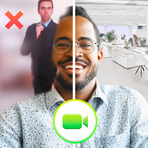 A smiling man demonstrates the difference between a messy, unprofessional video call background and a clean, bright virtual office background using a split-screen effect.