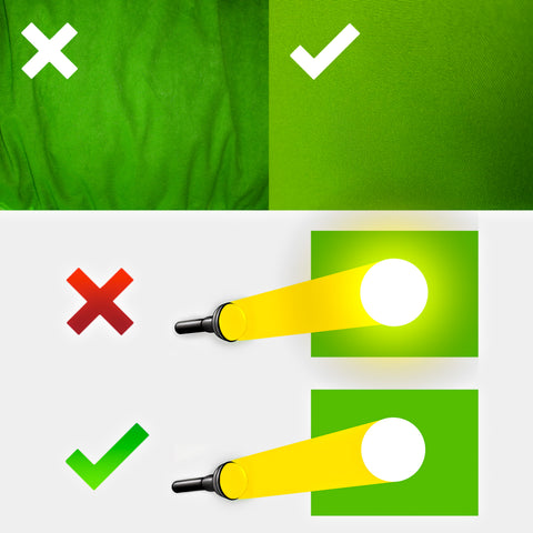 A split graphic showing two green screen best practices: use a flat, wrinkle-free fabric instead of a wrinkled one, and ensure even, diffuse lighting rather than a harsh, direct spotlight.