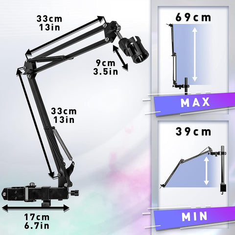 Adjustable black microphone boom arm showing dimensions in cm and inches with max height reach.
