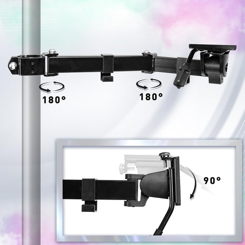 Adjustable black monitor mount arm with 180-degree swivel joints and 90-degree tilt for ergonomic screen positioning.