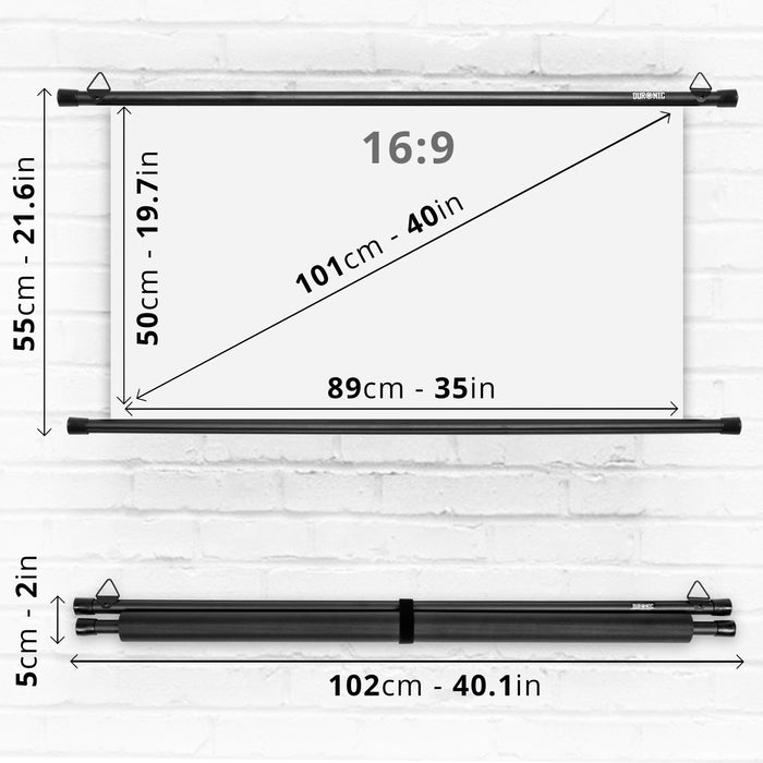 Duronic Projector Screen BPS40 /169 Bar 40 Inch Projection Screen Wall or Ceiling Mountable HD 16:9 Ratio for Home Theatre, Office 4K UHD 3D