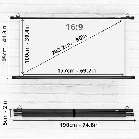 Dimensions of a projector screen with measurements in centimeters and inches.
