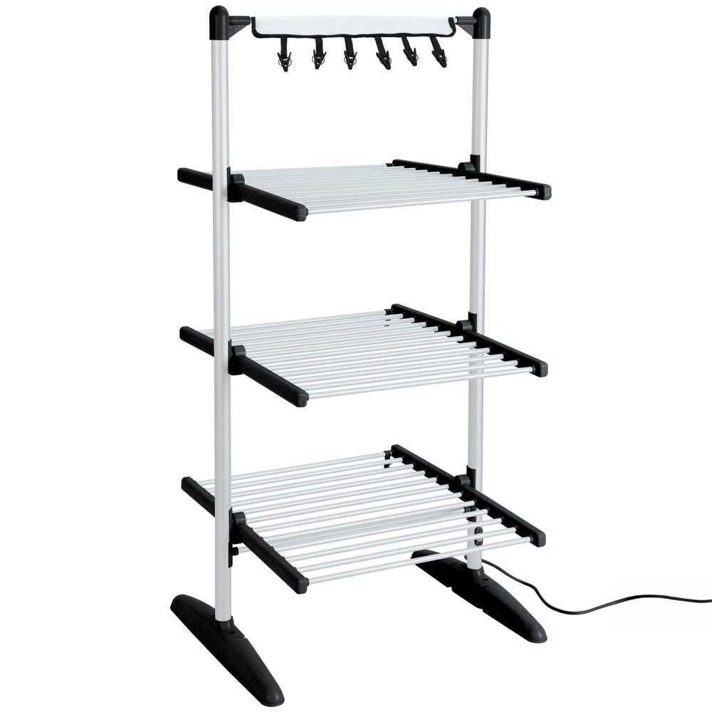 Duronic CA30 BK Electric Clothes Airer 3 Tier Heated Indoor Laundry Drying Rack with Washing Pegs 300W Foldable Sock Hanger Lightweight Garment Dryer Stand for Hats Gloves Small Spaces Home