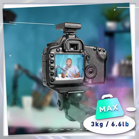 DSLR camera on a tripod mounting bracket showing a maximum weight capacity of 3kg/6.6lb.