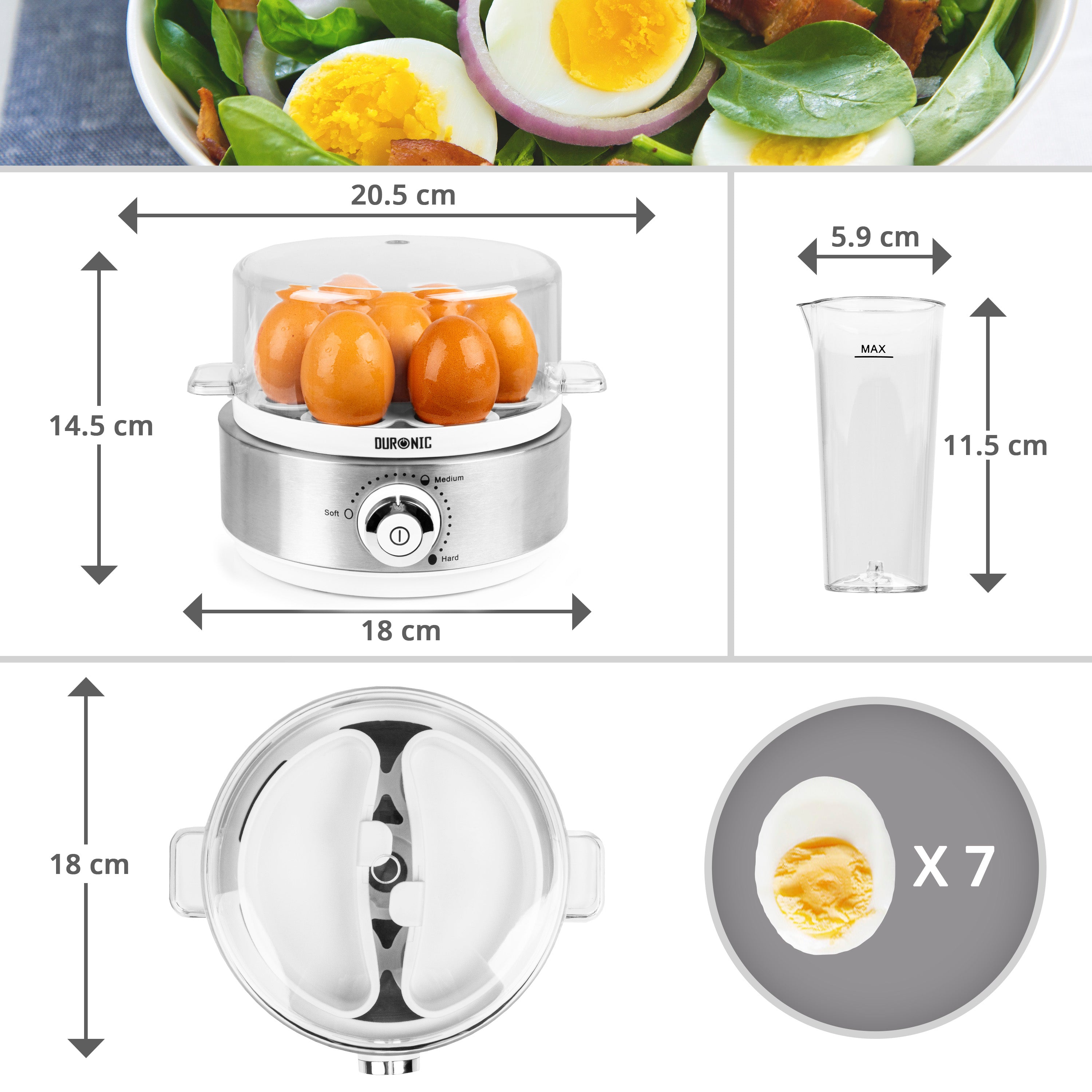 Duronic Electric Egg Boiler EB40 WE, Steamer for Eggs, Egg Cooking Machine, Automatic Egg Boiler Electronic Egg Poacher Machine for 7 Soft, Medium & Hard Boiled Eggs