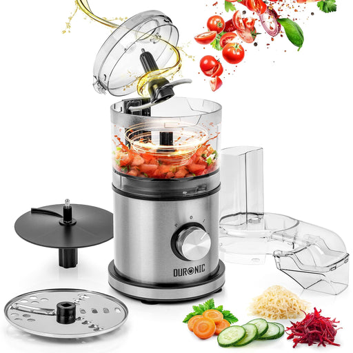 Duronic 2-in-1 Mini Food Processor and Chopper with stainless steel blades, slicing discs, and fresh vegetable ingredients.