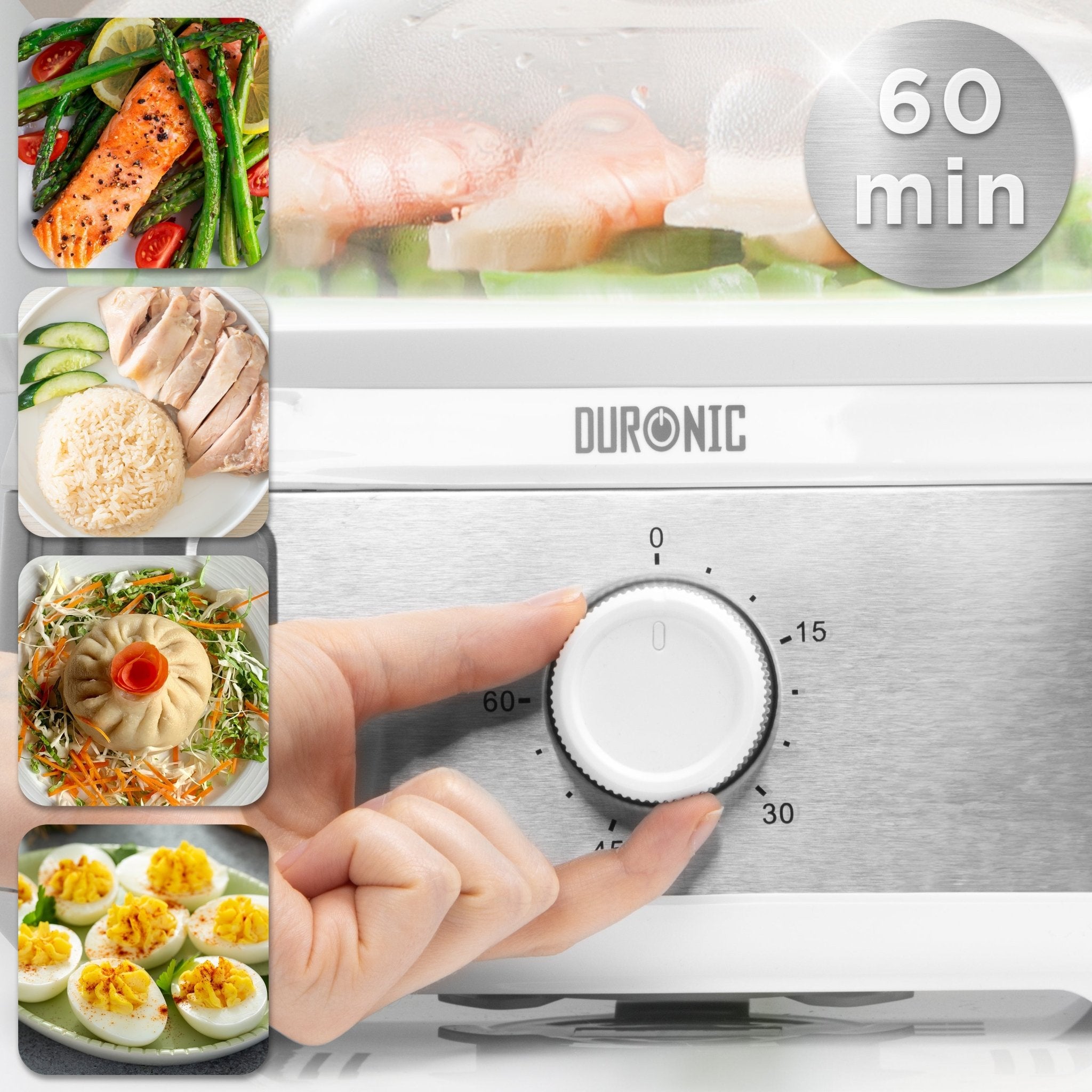 Duronic 3 Tier Food Steamer  featuring side panels of steamed salmon, chicken with rice, dumplings, and hard-boiled eggs.